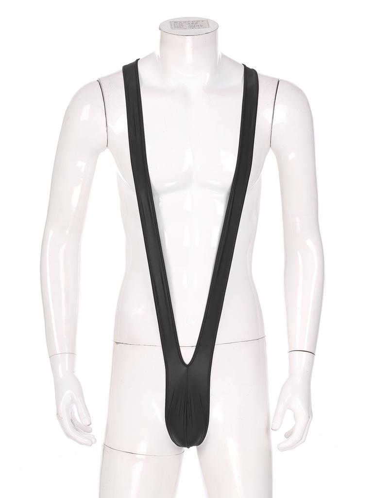 Mens Swimsuit Bodysuit M-XL Glossy Finish - Thong Mankini with Bulge Pouch & V-Shaped Suspenders