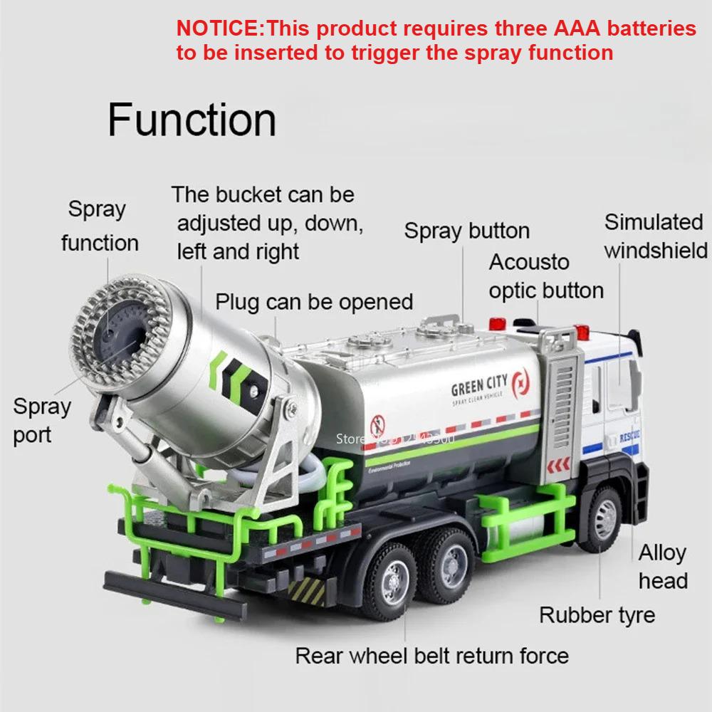 1:32 Spray Truck Model Toy Car Fire Trucks Pull Back Sound Light Doors Opened Metal Diecast Engineering Vehicle Collection Toys