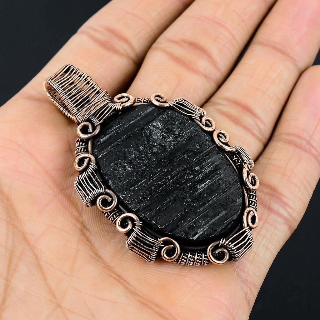 Подвеска из черного турмалина, ювелирное изделие из драгоценного камня, подвеска, обернутая медной проволокой 999 пробы, удивительное ювелирное изделие-подвеска ручной работы