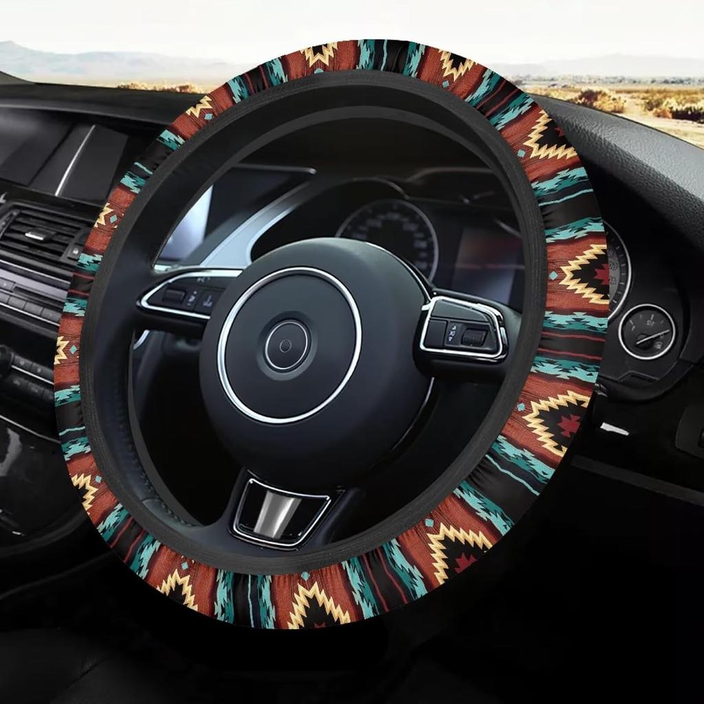 Steering Wheel Cover Ethnic Style Auto Wheel Cover Made of Coarse Flax, Fits 14 1/2-15 1/4 inches Car Wheel - Retro Red Westen Tribe