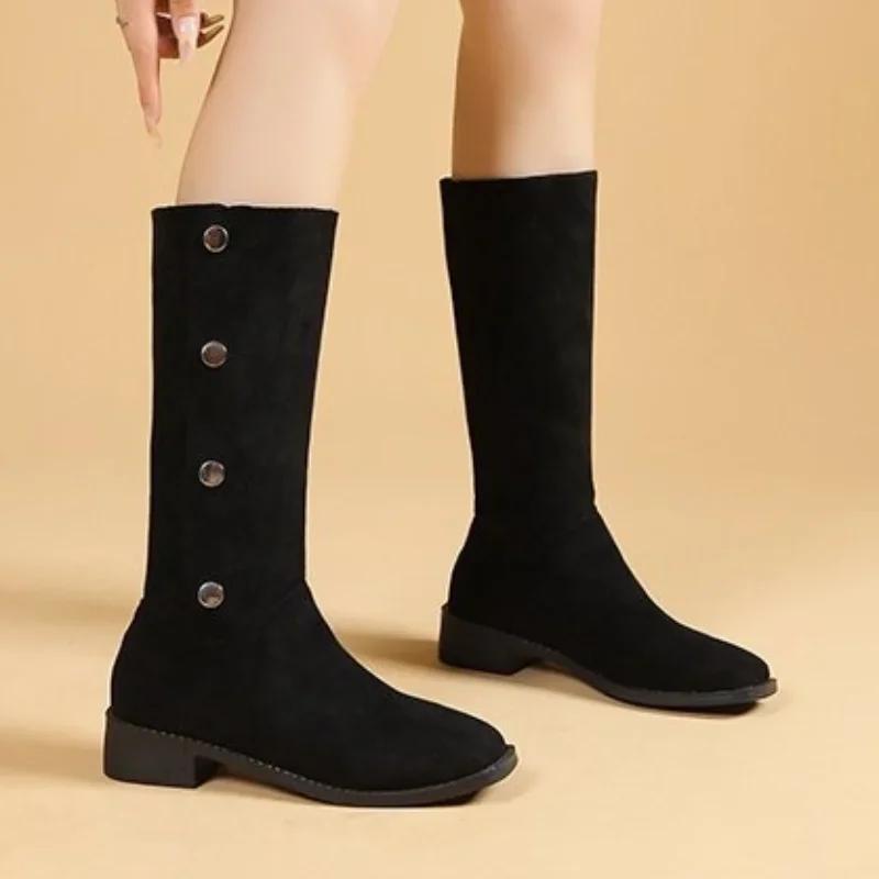 2024 New Western Cowboy Women's Boots Low Heel Women's Pointed Toe Over-the-Knee Boots Winter High Quality Suede Boots