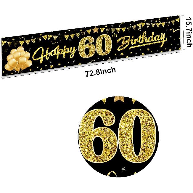 Happy 60th Birthday Banner Decorations for Men Women, Black Gold 60 Birthday Sign Party Supplies for Yard, Funny Sixty Birthday Party Backdrop Decor