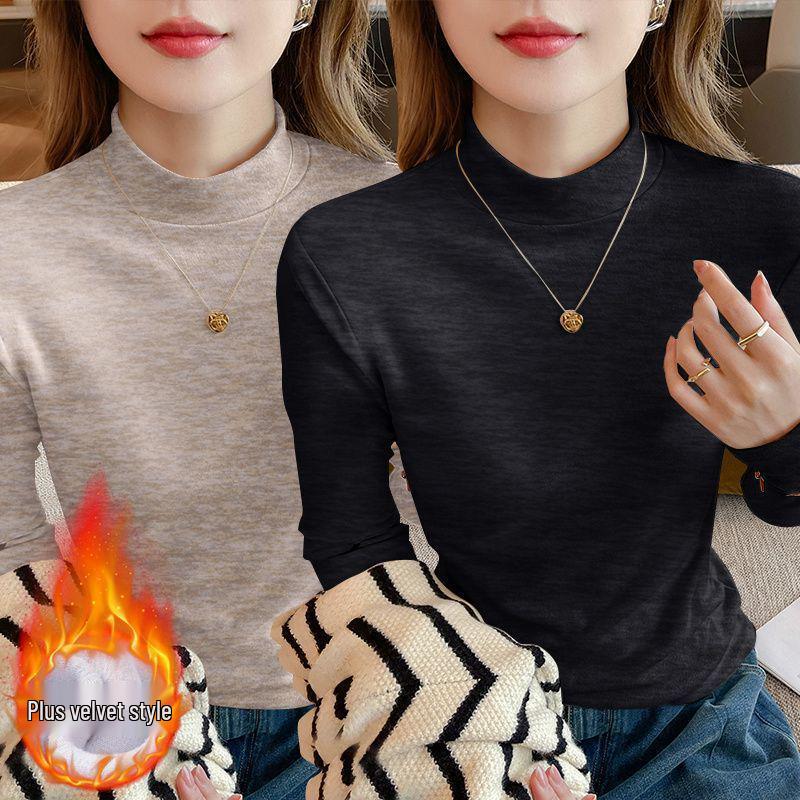 Осень 2025 Большой размер Приталенный Топ-база с длинным рукавом Свободный для женщин с воротником-стойкой