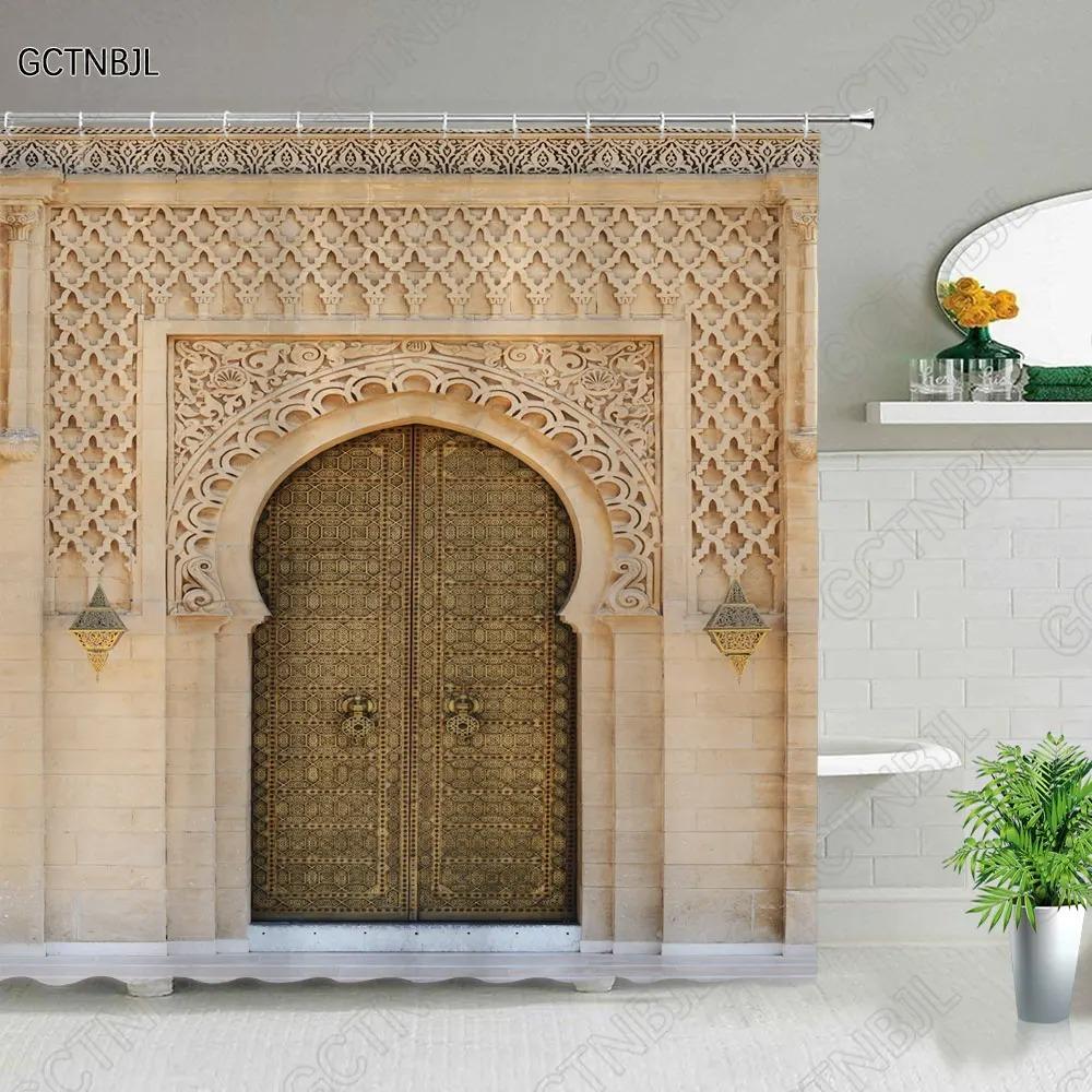 Марокканский Желтый Антикварный Арочный Двери Шторки для душа Старая Винтажная Деревянная Дверь Ванная Водонепроницаемая Ткань Занавески для ванны С Крючками