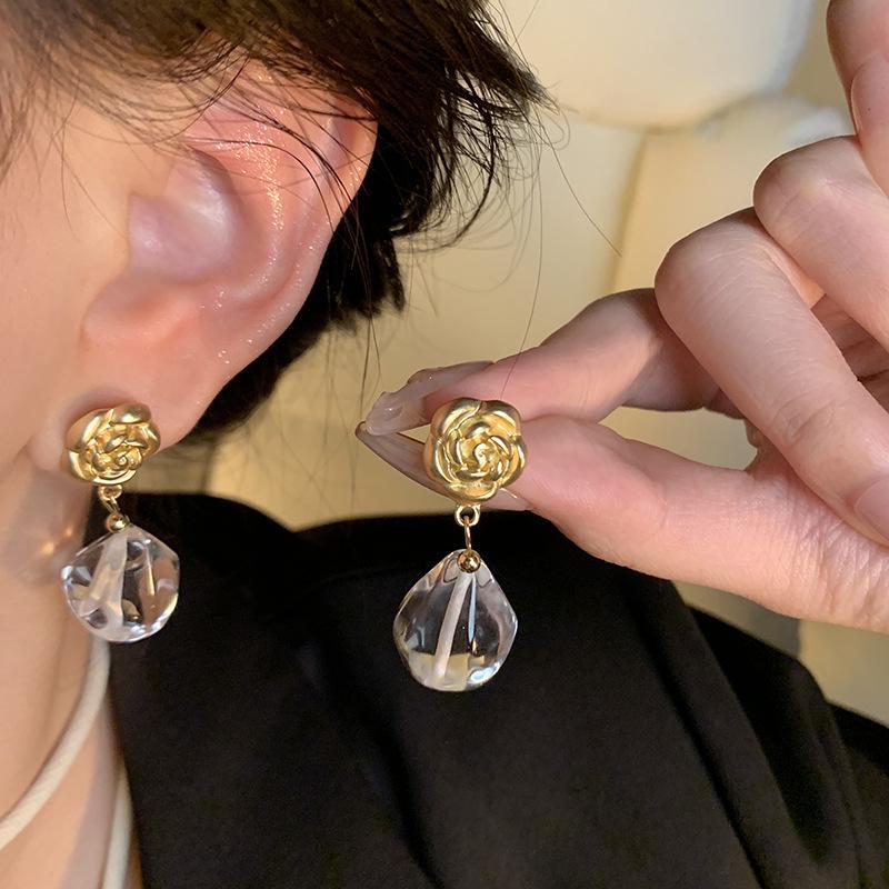 Корейские серьги-слезинки в форме розы: Зеленый кристалл во французском ретро-стиле для женщин