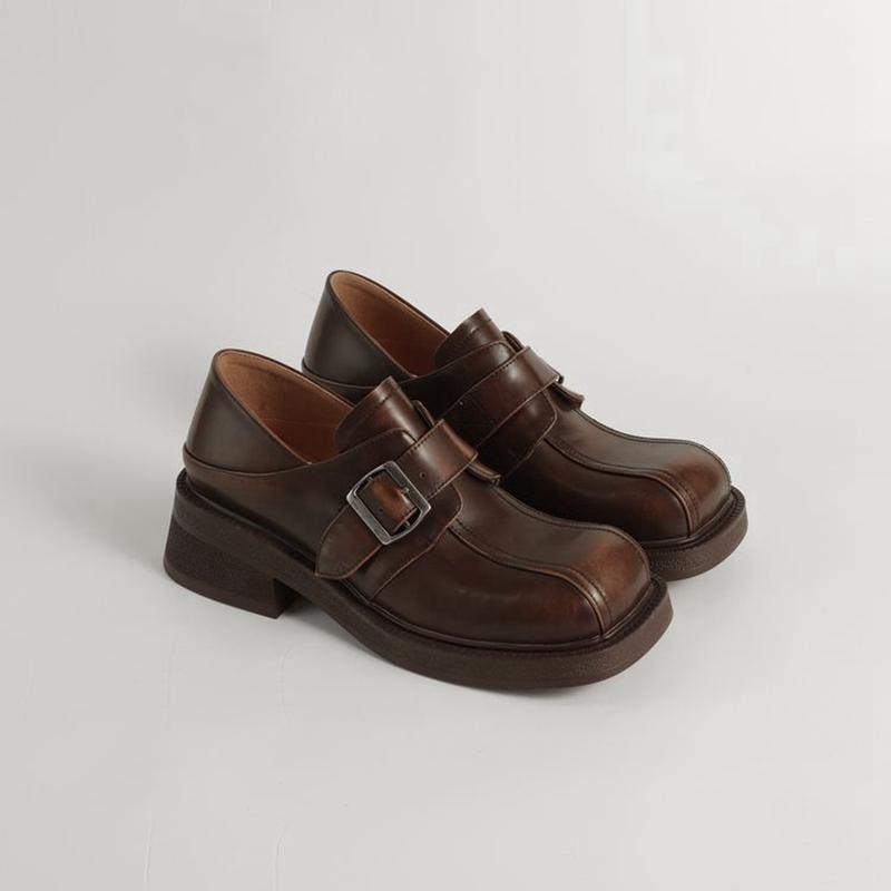 Fashion Women's New Leather Cowhide Round Toe Mid Heel Metal Belt Buckle College Style Single Shoe Thick Sole Retro Casual Shoes