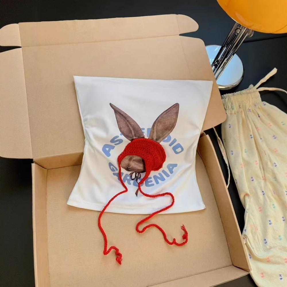 Sleeveless Bandeau Top for Women with Built - In Bra Featuring Little Red Riding Hood Rabbit and Letter Prints. Slim - Fitting Spicy Girl Inner