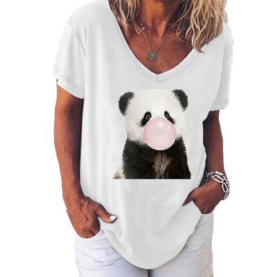 Модные весенние блузки с принтом панды, футболки с V-образным вырезом и короткими рукавами, повседневные