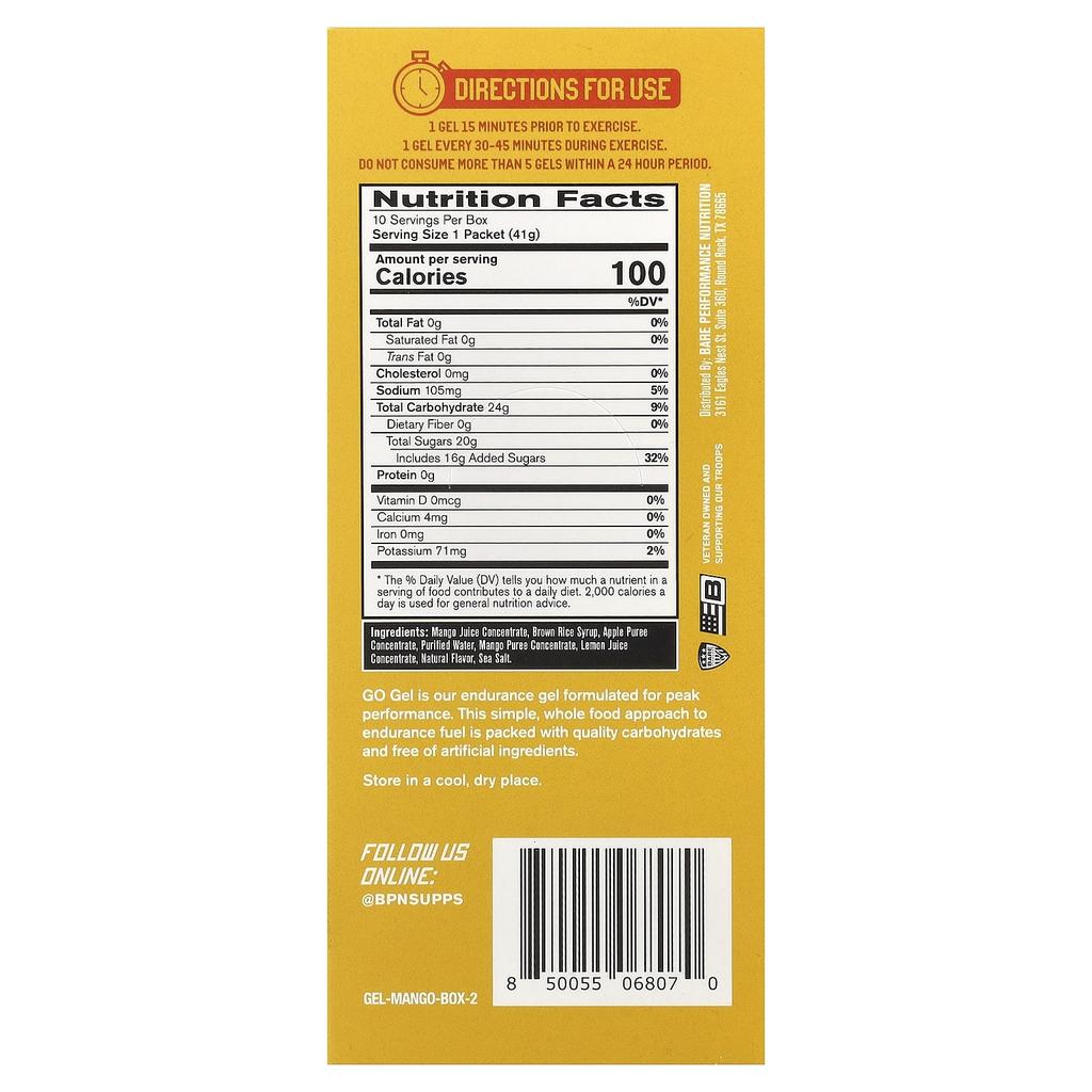 BPN, Go Gel, Гель для выносливости, Манго, 10 пакетиков, 41г (1,45 унции) Каждый