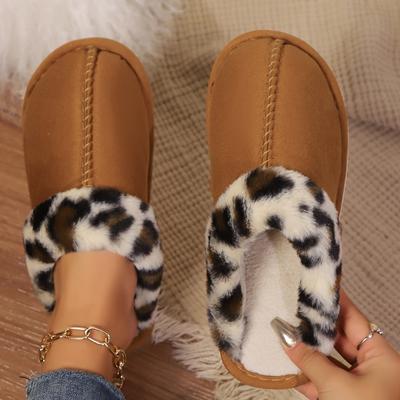 Женские леопардовые балетки, меховые тапочки, хлопковая обувь, тренд зимы 2025, новая повседневная обувь-мюли, теплая обувь-вьетнамки из короткого плюша, Mujer Zapatos