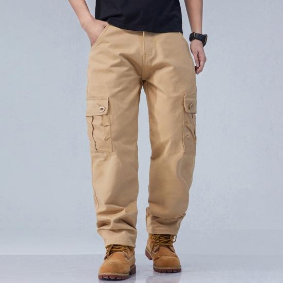 Мужские брюки-карго с несколькими карманами, прямые хлопковые брюки со средней талией, застежка-молния на пуговицы, свободные брюки для путешествий и школы