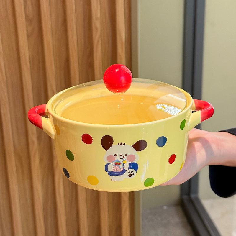 Кремовая ветровая посуда Милая керамическая миска для лапши быстрого приготовления с крышкой Двуухая суповая миска Миска для лапши быстрого приготовления для студенческого общежития