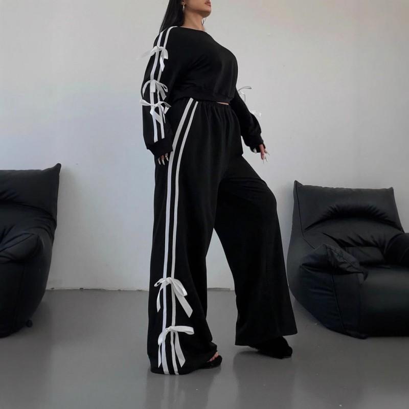 Womens Streetwear Hoodie Set With Side Bow Detail Slim Fit Long Sleeve Casual Outfit