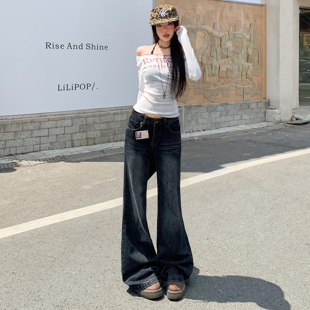 American Spice Girl High Waist Slightly Pulled Jeans Women's Autumn and Winter New Loose and Skinny Legs Flared Pants