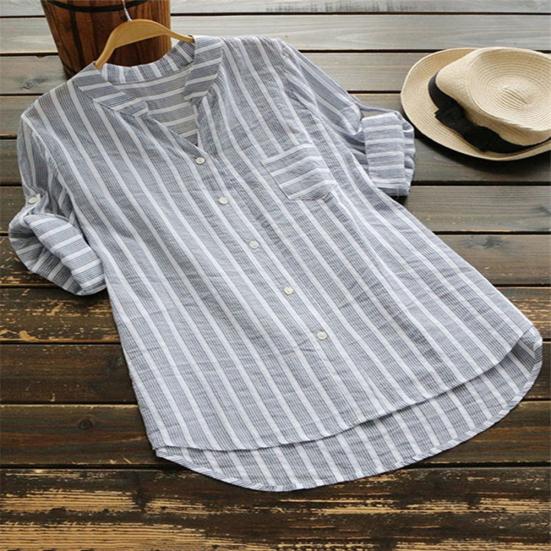 Fashion Women Vertical Stripe V Neck 3/4 Sleeve Button Loose Casual Shirt Blouse