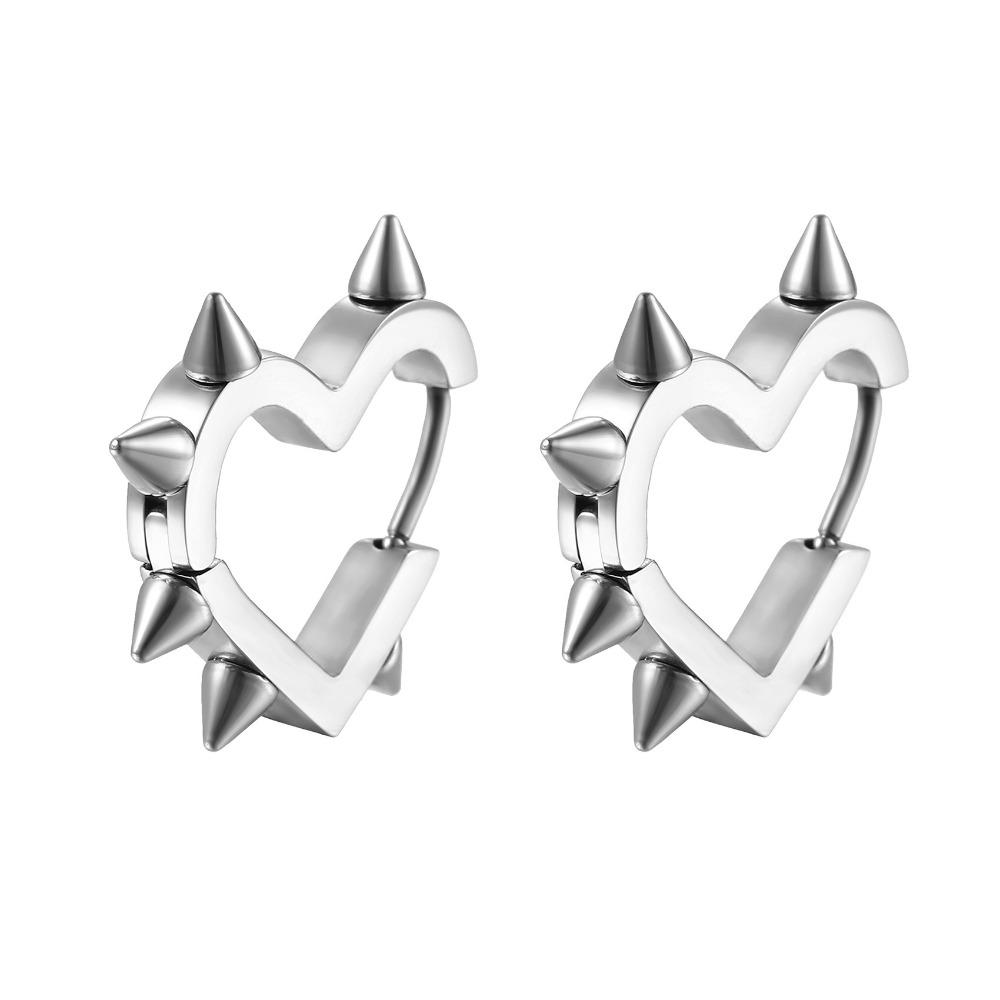 Geometric Design Heart Hoop Earrings Silver Color Rivet Earrings Cool Piercing Earrings  For Women