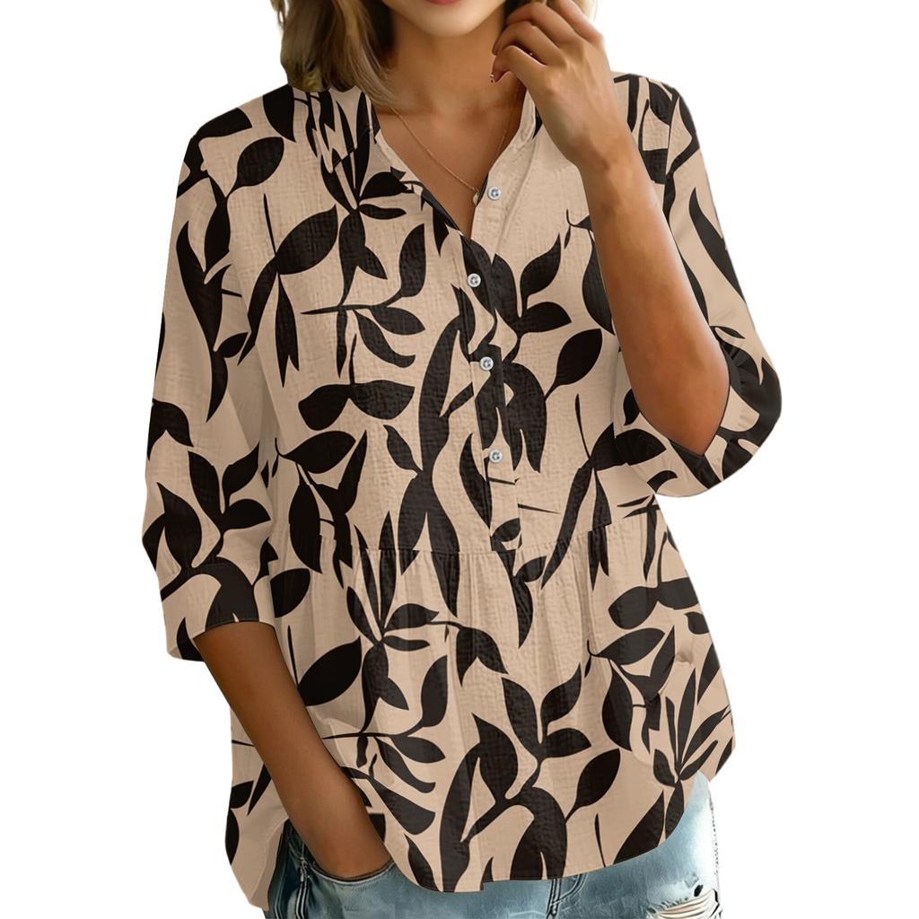 Женская блузка на пуговицах спереди, винтажный цветочный принт, рукав три четверти, свободный крой, с воротником и планкой на пуговицах спереди