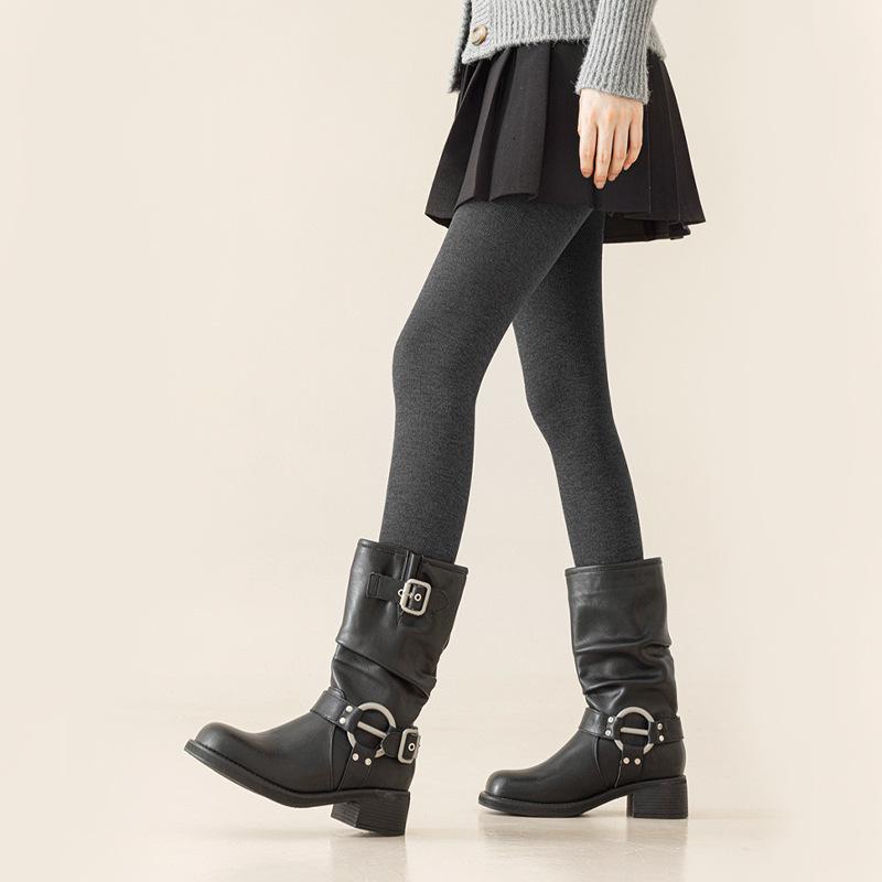 High-Waisted Gray Leggings with Velvet Lining for Spring & Autumn - Women's Belly-Tightening Pants with Non-Slip Design