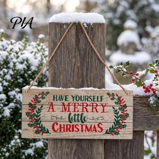 Indoor Outdoor Festival Decor Christmas Wood Hanging Sign with Jute Rope, Have Yourself A Merry Decorative Wall Little Rustic Door Hanger for