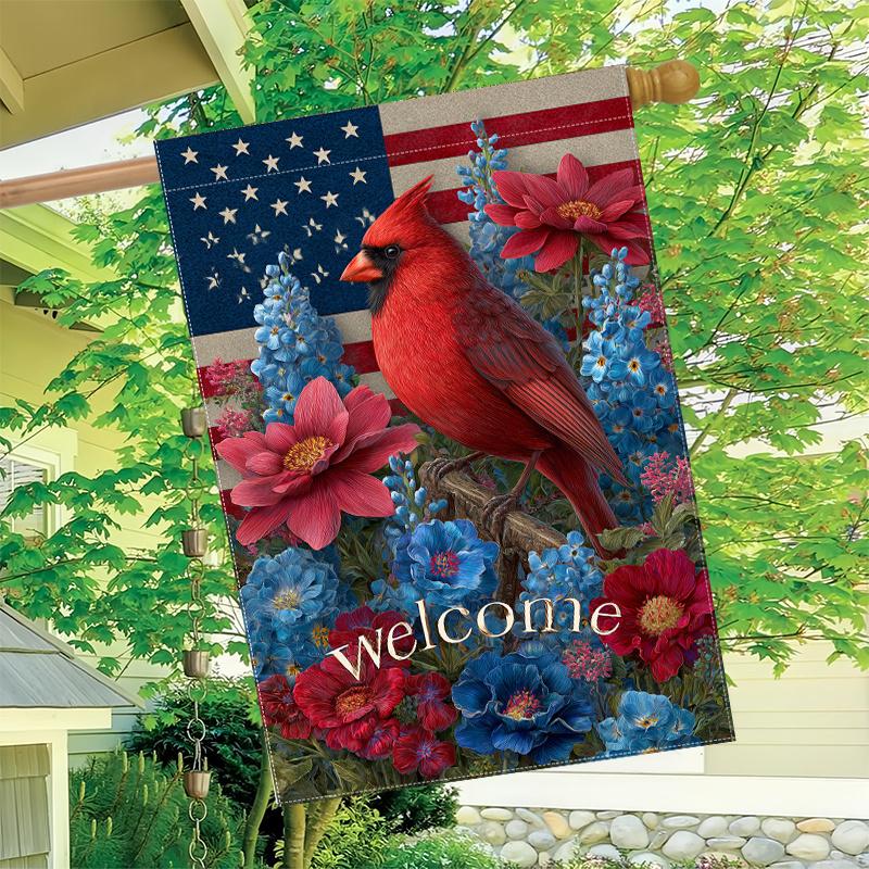 2D Flat - 2D Flat - 2D Flat, 1pc Independence Day, an Entrance Garden with Red White And Blue Flowers (11) Double-Sided Garden Flag, Family Courtyard