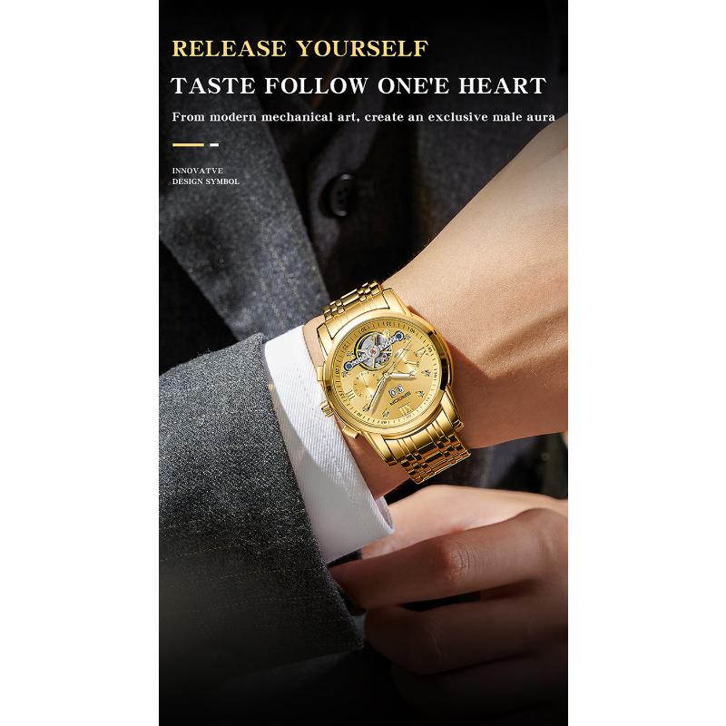 SANDA Новый продукт, мужские автоматические механические часы со стальным ремешком, кварцевые модные полые мужские часы