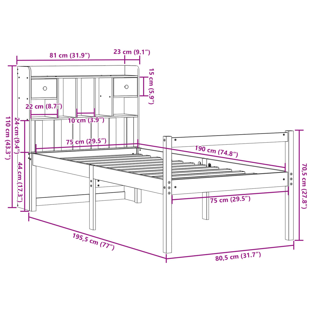 Solid Wood Bed with Shelf Without Mattress White 75x190 cm Pine