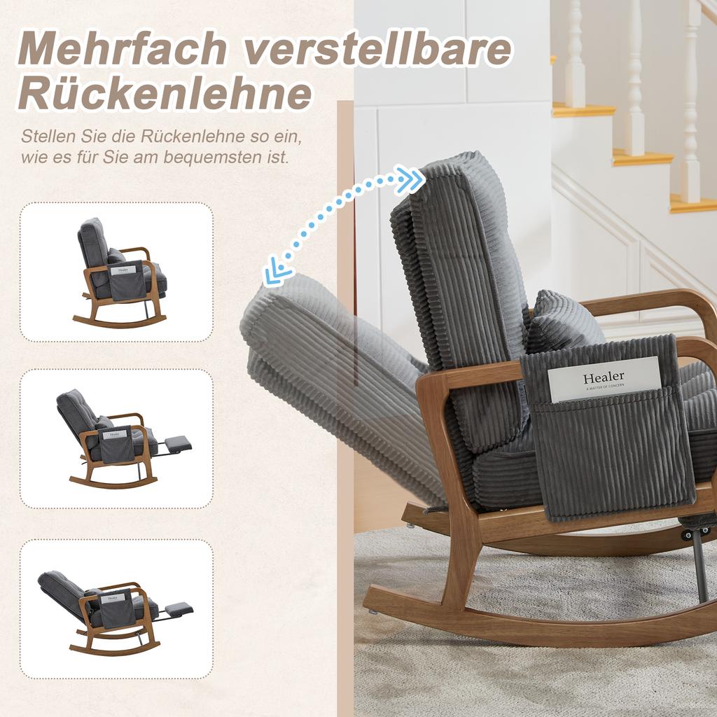 Modern Rocking Chair with Footrest, with Side Pockets, with Lumbar Cushion and Adjustable Backrest for Living, Bed and Childrens Room.(grey corduroy)