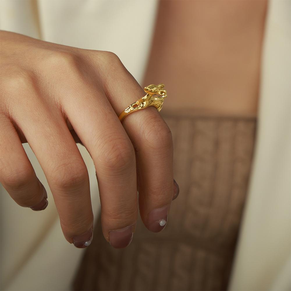 Simple Couple Hip Hop Ring Cartoon Deer Design Open Ring Cute Animal Copper Gold Plated Personality Tail Ring Tide