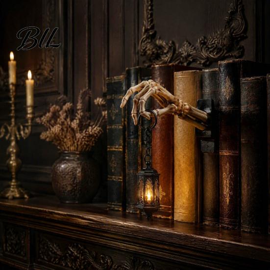 Decorative Sculpture for Shelf Skeleton Hand Lantern Light, Warm LED Library Nightlight, Gothic Halloween Light Mini Bookshelf Lamp Book Nook, Bedroom