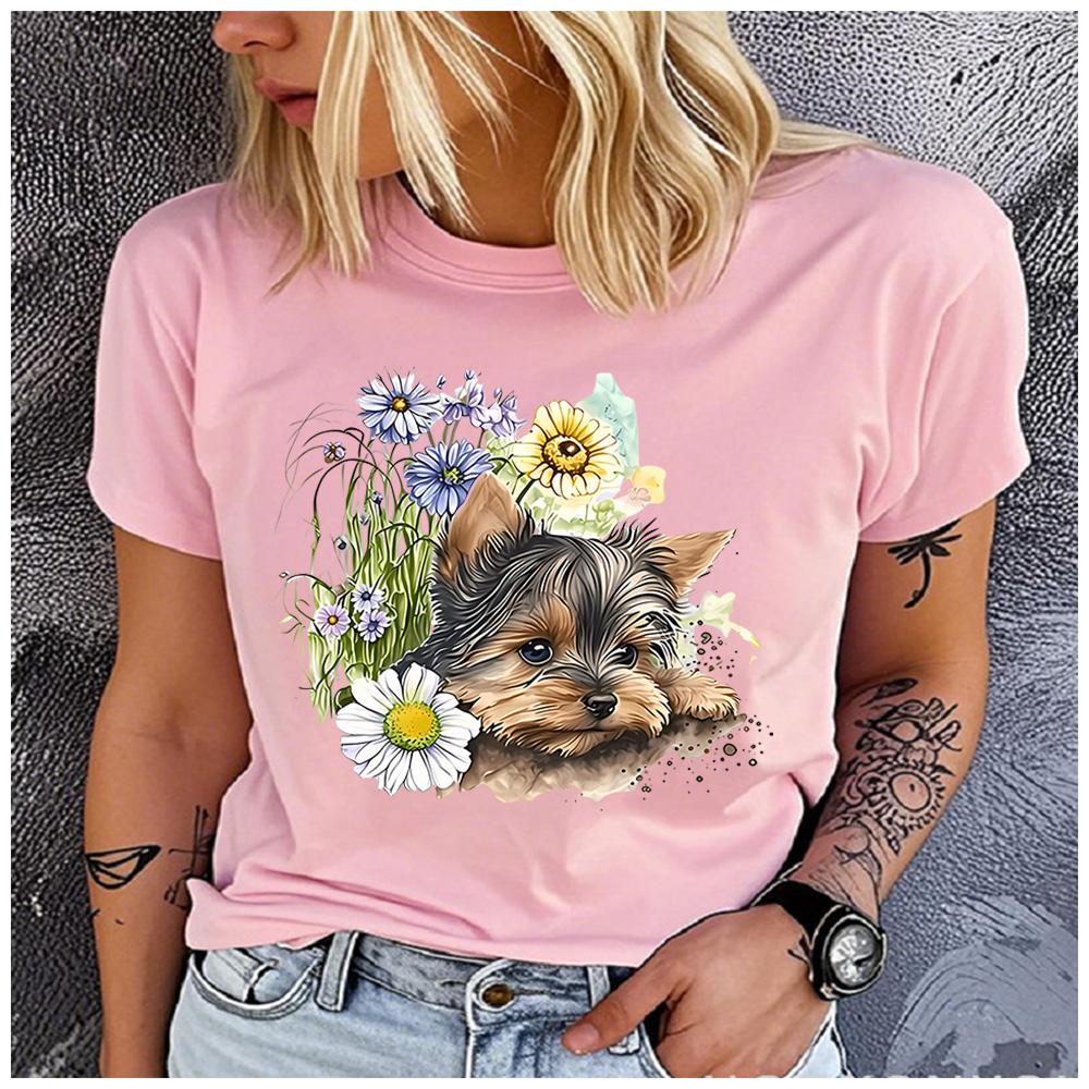 Cotton Vintage Floral Yorkshire Terrier Print Women T Shirt Cute Yorkie Dog Lover Casual Short Sleeve Graphic Tee