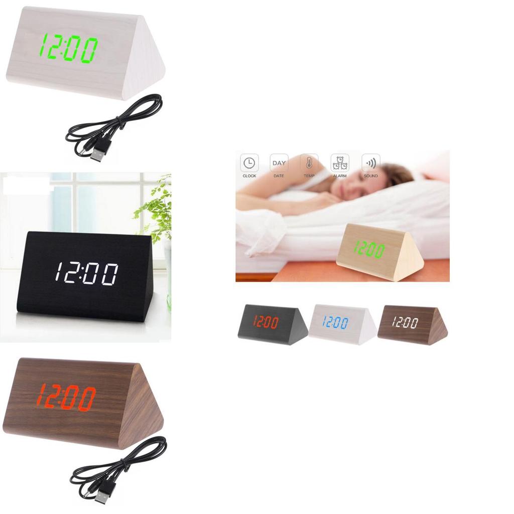Sleek Wooden Voice Control Led Display Alarm Digital Triangular Desk Clock Thermometer