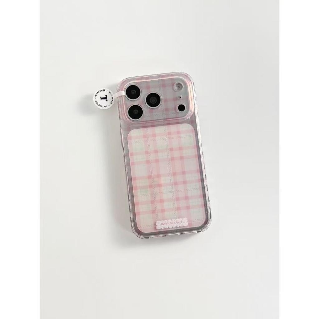 Корейский прозрачный розово-зеленый клетчатый жесткий чехол для iPhone 17promax / 16 / 15 с подвесной цепочкой.