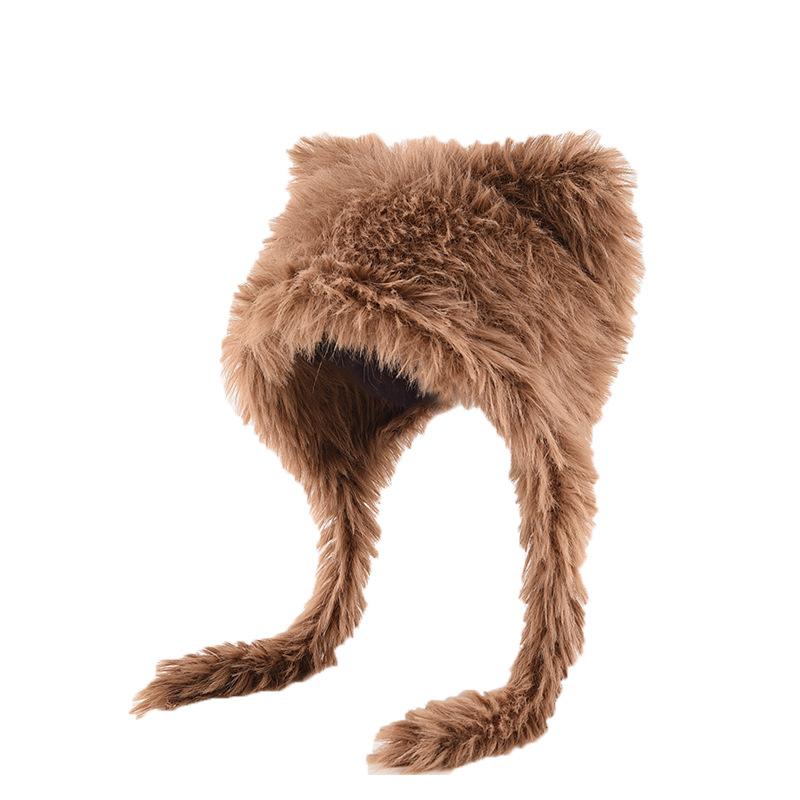 Плюшевая милая шапка-ушанка из шерсти, женская осенне-зимняя теплая вязаная шапка с кошачьими ушками из искусственной норки, шапка с завязками