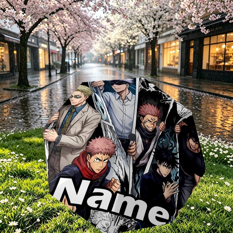 Custom Name Personalized Jujutsu Kaisen Print Umbrella, Auto Open Close, 8‑Rib Sturdy Frame, Commute Camping Hiking Use, Birthday Gift