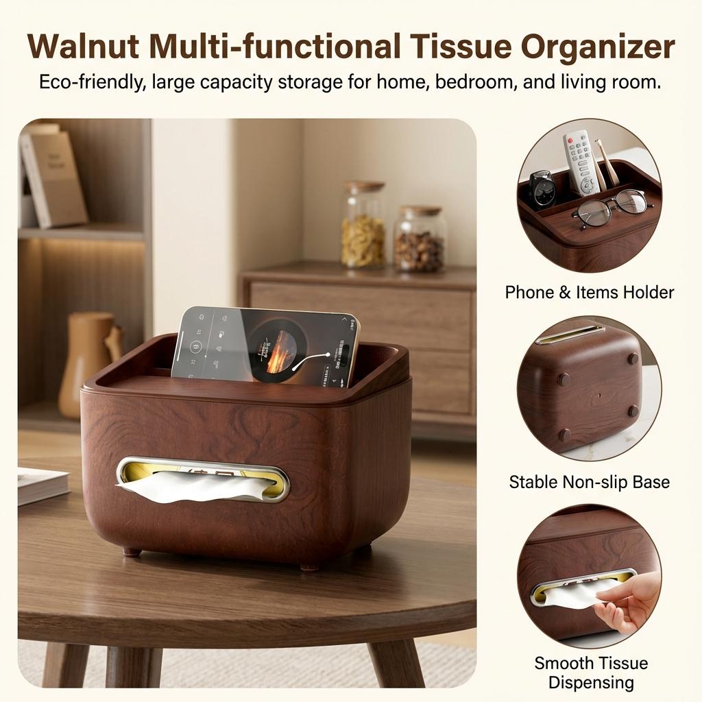 Multifunctional Tissue Box Cover with Storage for Remote & Phone Modern Desktop Organizer for Living Room Bedroom Coffee Table
