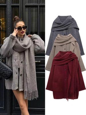 INS Элегантное вязаное пальто для женщин на весну с шарфом