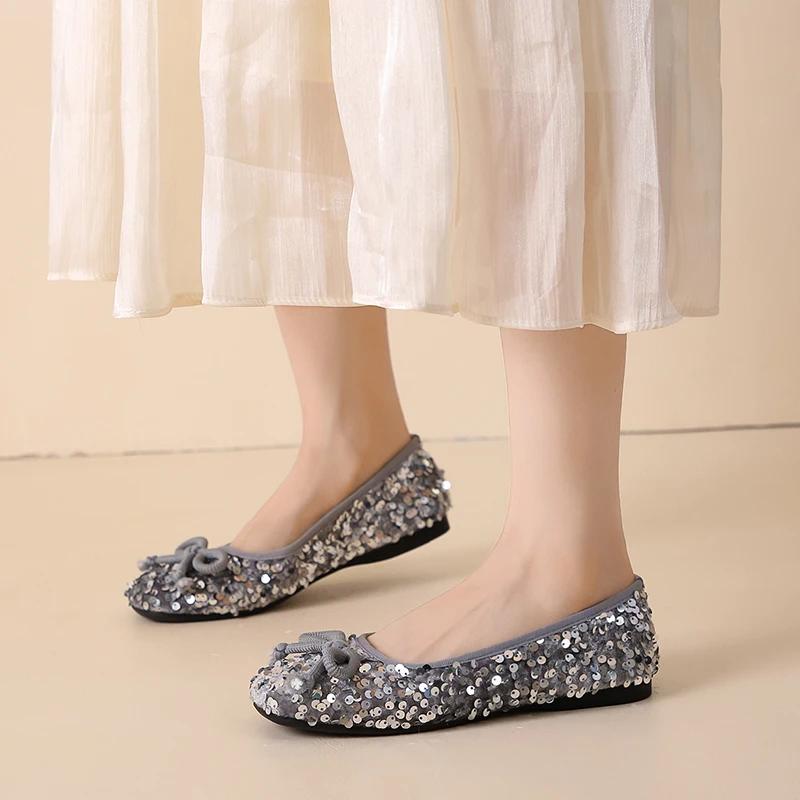 2024 Модные высококачественные однотонные туфли с квадратным носком и неглубоким вырезом, с пайетками, удобные женские туфли без застежек и бантом