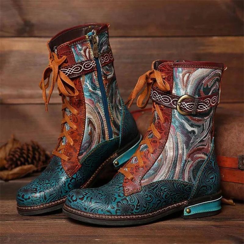 Зимние женские туфли на плоской подошве с вышивкой в этническом стиле, женские кожаные ботинки на шнуровке в стиле ретро, короткие сапоги на молнии