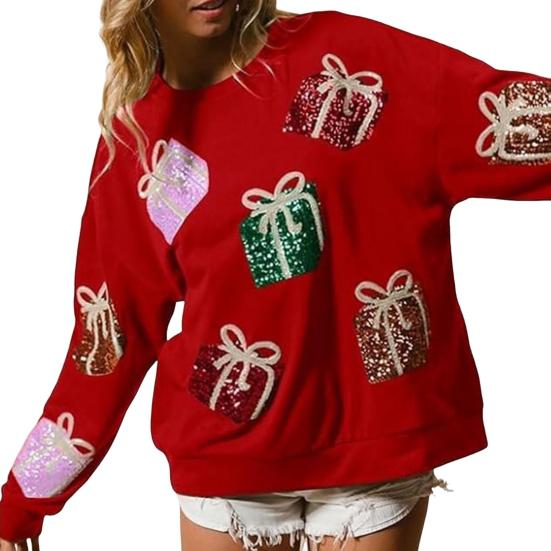 Women Christmas Sweatshirt Sequin Gift Box Pattern Colorful Round Neck Long Sleeve Loose Mid Length Pullover Party Holiday Top