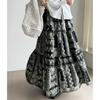 2025 Summer Women Linen New Skirts Flower Vintage Elastic Pleated Elegant Skirts High Waist
