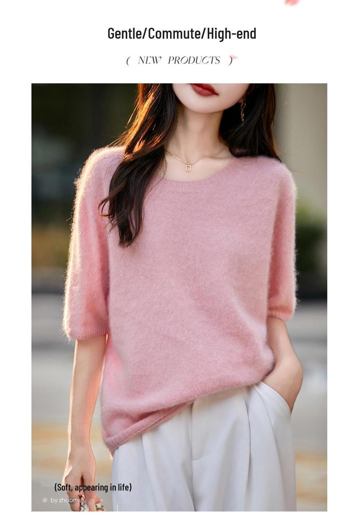 Seamless Round Neck Fleece Wool Half-Sleeve Women's Knit Top Sweater for Autumn/Winter