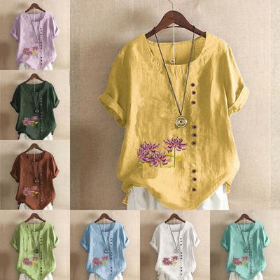 Женская модная футболка с круглым вырезом и коротким рукавом с цветочным принтом, повседневная рубашка из хлопка и льна с графическим принтом, свободная летняя блузка, топы больших размеров