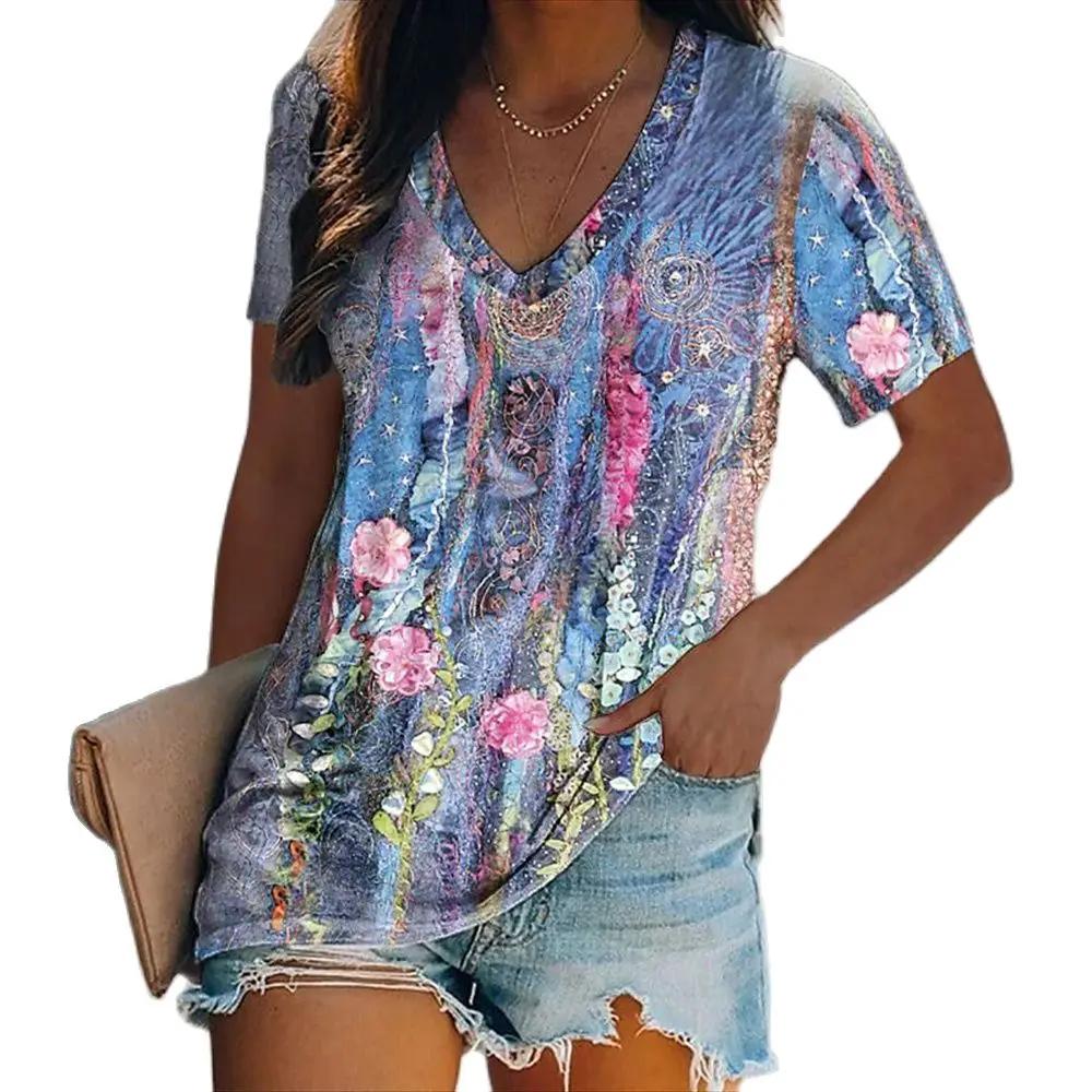 Женские роскошные футболки с 3D принтом, топы с v-образным вырезом и короткими рукавами, футболки, летняя повседневная футболка с градиентом, женская одежда больших размеров