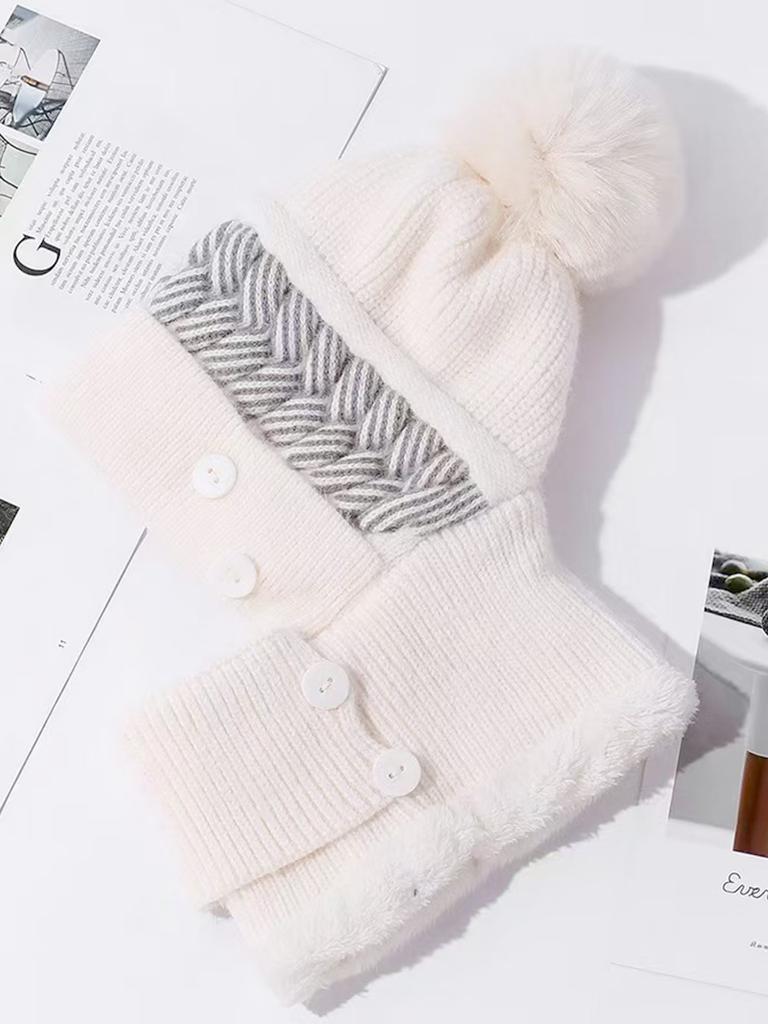 Hat, Scarf, One-Piece Set, Women'S Winter Knitted Hat, Velvet Warm Scarf, Winter Cold-Proof Ear Protection Wool Hat