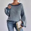 Versatile Knitted Top One-Row Neck Lace-Up Style Sweater Loose Fit Striped Lantern Sleeve Tops