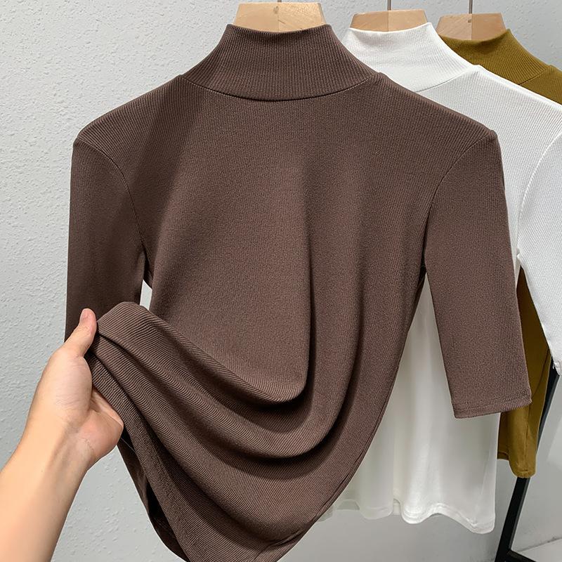 Базовая рубашка с высоким воротом для женщин, новая женская однотонная футболка со средними рукавами, облегающая эластичная рубашка