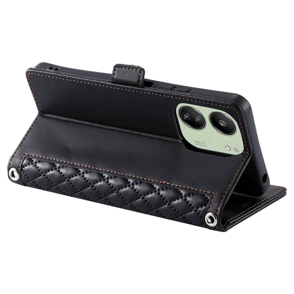 Leather Case For Xiaomi Redmi 13C 5G/4G/13R 5G/Poco C65 4G Rhombus Texture Wallet Stand Phone Cover with Wrist Strap