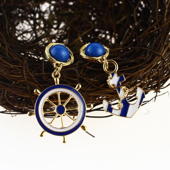 Women's Elegant Navy Anchor Helm StyleLong Dangle Drop Jewelry Earrings