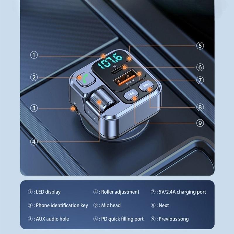 Car Wireless FM Transmitter Digital Display Car Kit PD 30W USB C Fast Charging AUX audio input Stereo Music Player Phone Adapter