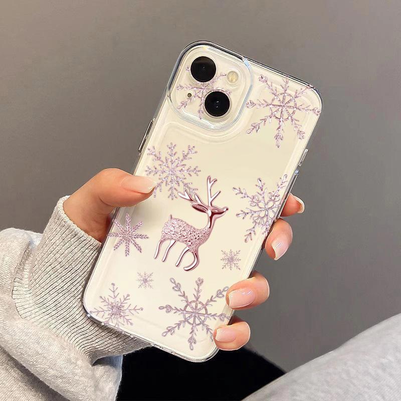 Зимний Розовый Олень Снежинка Чехол для Телефона для iPhone 17 16 Pro Max Air 15 14 Plus 13 12 11 Pro 7 8 XR X XS SE Ударопрочный Прозрачный Чехол